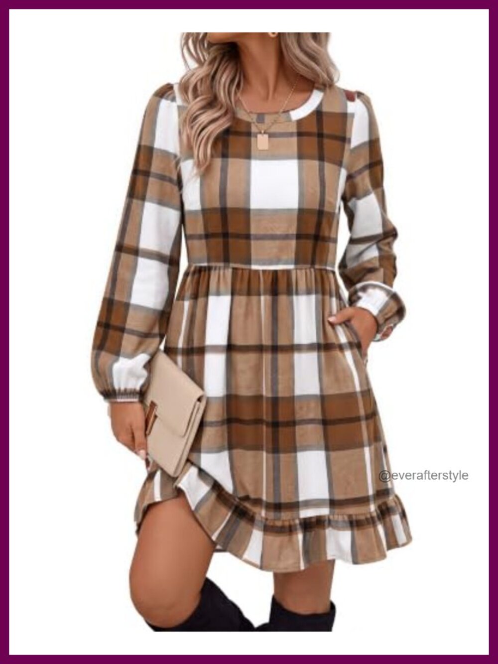Plaid Long Sleeve Dress High Waisted A-Line Smocked Pockets